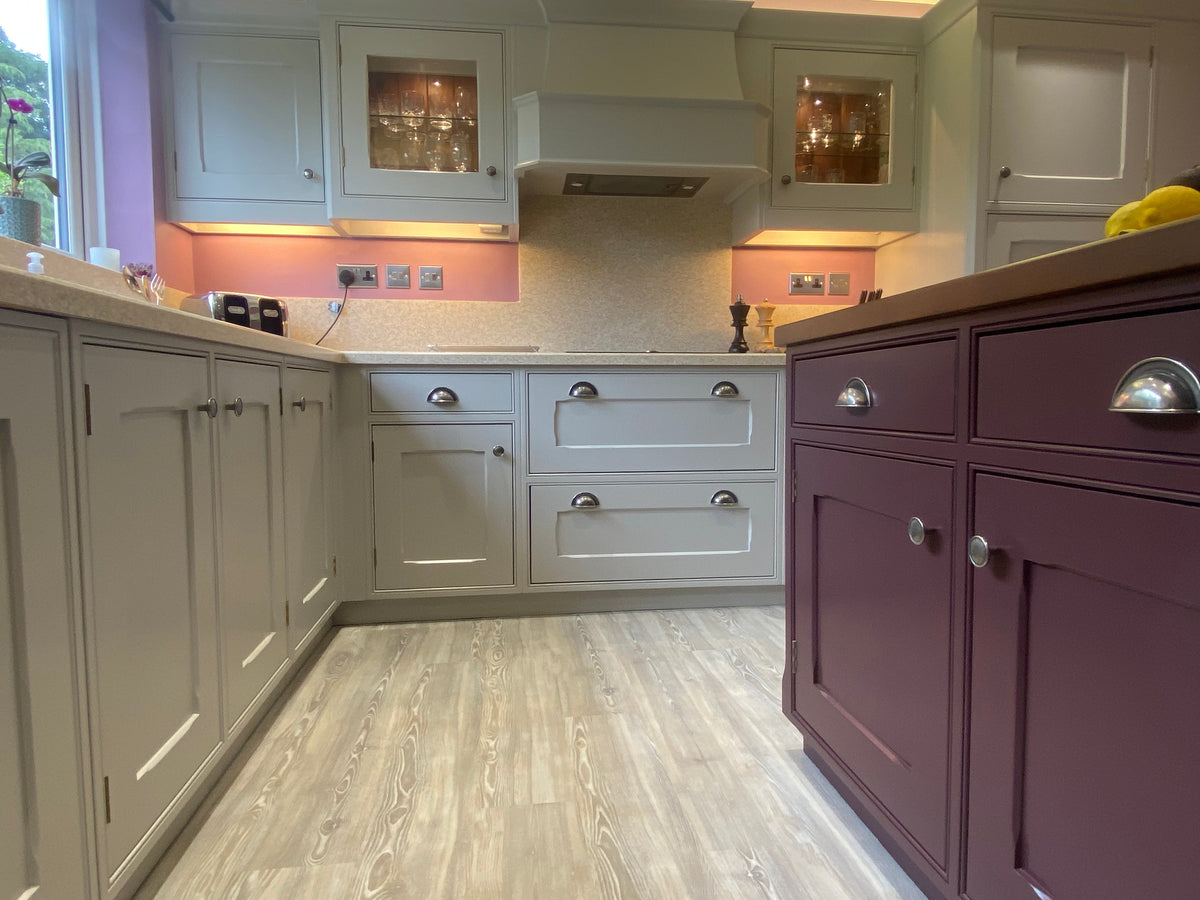 Kitchen Cabinets Painted in Farrow & Ball Pavillion Grey & Brinjal
